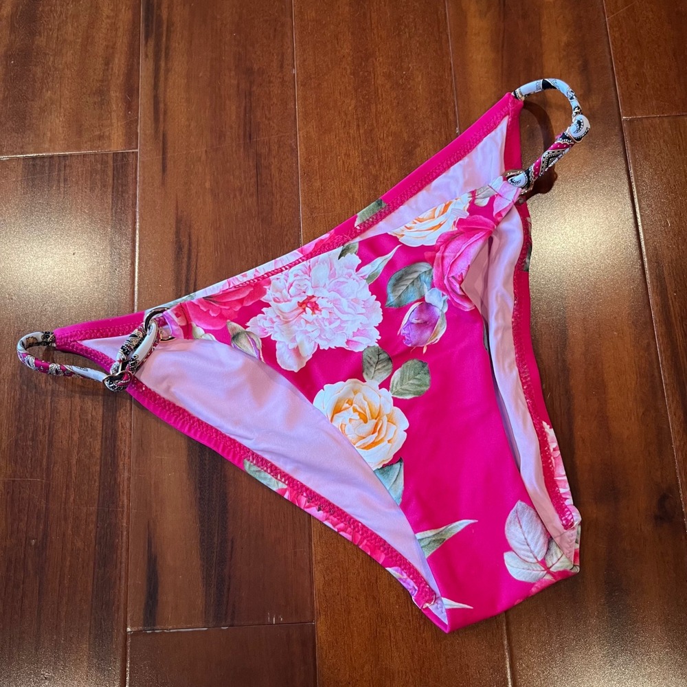 Nanette Lepore Pink Bikini Bottom Floral Print Swim String O-Ring Tie New Size 4